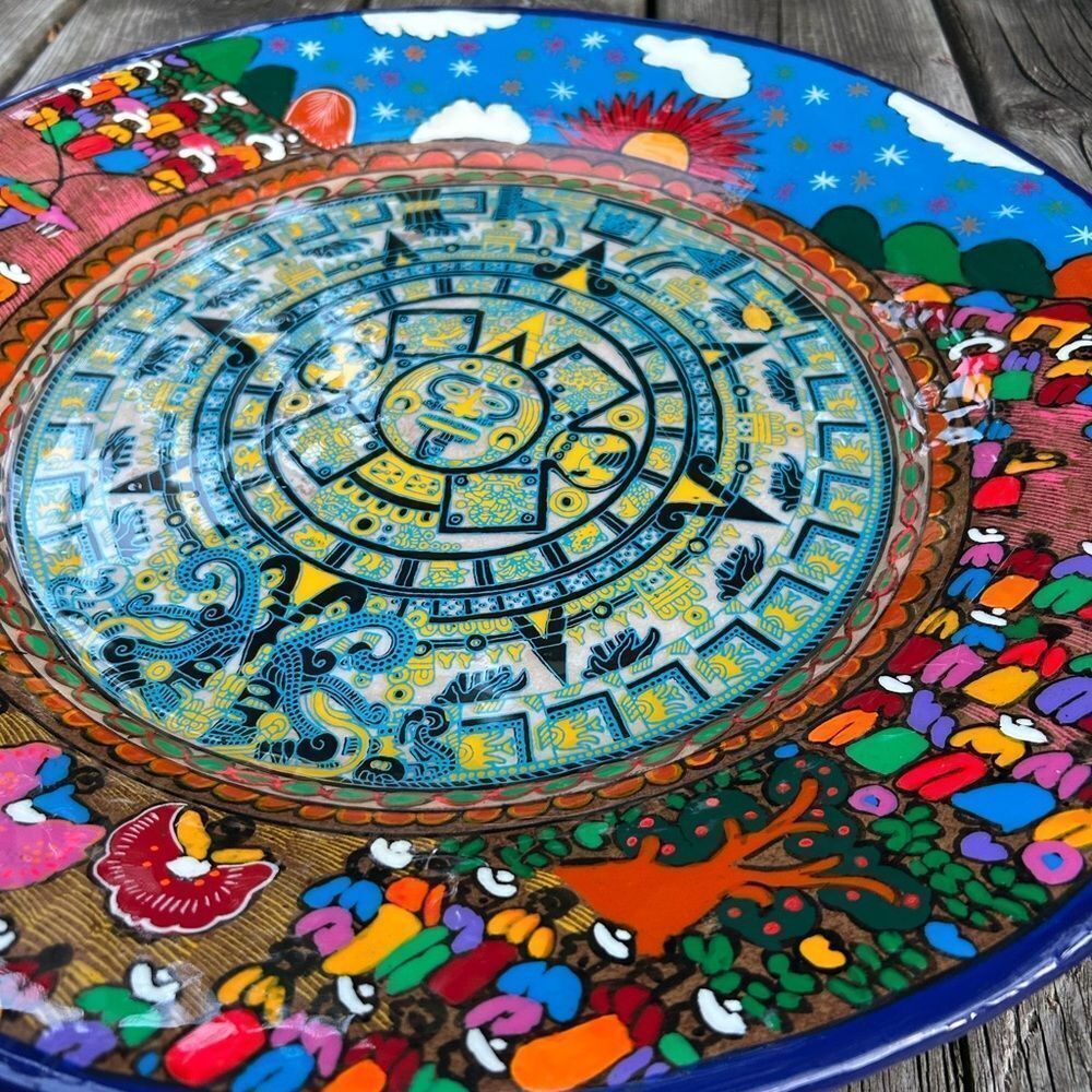 Mexican Folk Art Plate Terracotta Pottery Wall Hanging Hand Painted 16” - Picture 7 of 16